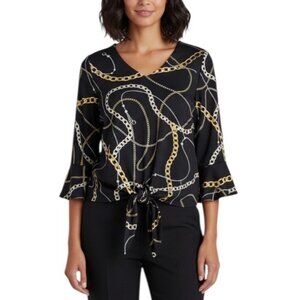 Frank Lyman Chain Pearl Print Tie Front Blouse Top Black Size 8